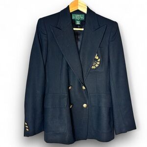 Vintage Lauren Ralph Lauren Black 100% Wool Chrst Pocket Crest Logo Blazer Sz 4P